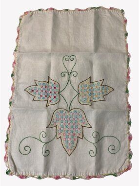VTG Hand Embroidered Linen Table Runner Dresser Scarf Floral Leaf Crochet Edge